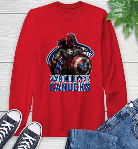 NHL Captain America Thor Spider Man Hawkeye Avengers Endgame Hockey Vancouver Canucks Long Sleeve T-Shirt 10