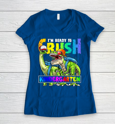 Next Level t shirts I m Ready To Crush Kindergarten T Rex Dino Holding Pencil Back To School Women's V-Neck T-Shirt 7