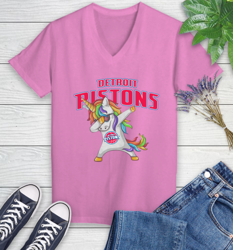 Detroit Pistons NBA Basketball Funny Unicorn Dabbing Sports Women's V-Neck T-Shirt 14