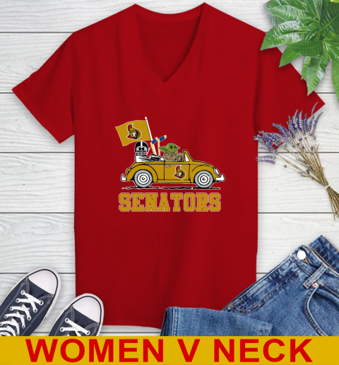 NHL Hockey Ottawa Senators Darth Vader Baby Yoda Driving Star Wars Shirt Women's V-Neck T-Shirt 12