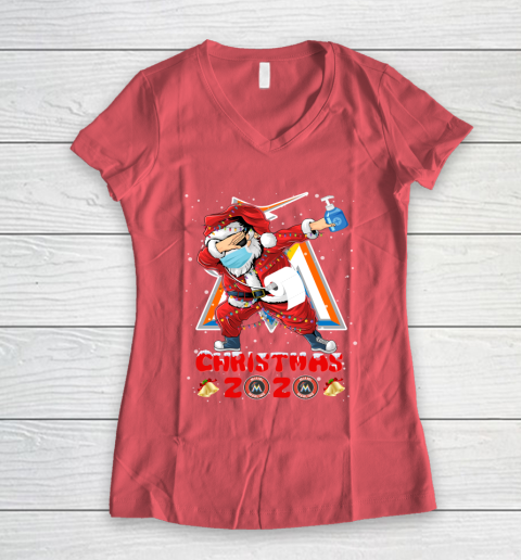 Miami Marlins Funny Santa Claus Dabbing Christmas 2020 MLB Women's V-Neck T-Shirt 4