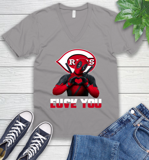 MLB Cincinnati Reds Deadpool Love You Fuck You Baseball Sports V-Neck T-Shirt 3