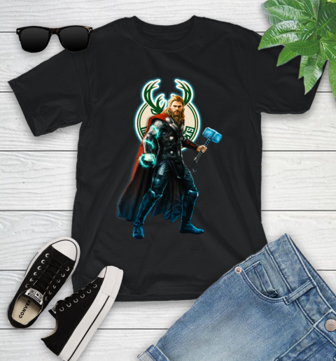 NBA Thor Avengers Endgame Basketball Milwaukee Bucks Youth T-Shirt 2