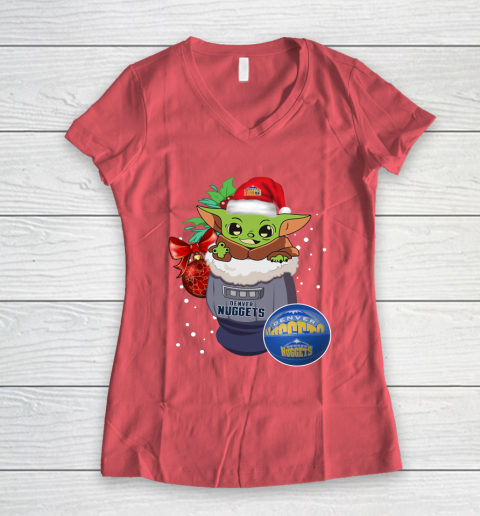 Denver Nuggets Christmas Baby Yoda Star Wars Funny Happy NBA Women's V-Neck T-Shirt 6