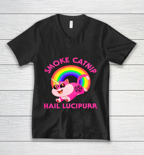 Smoke Catnip Hail Lucipurr Funny Satan Cat Unicorn Meme V-Neck T-Shirt
