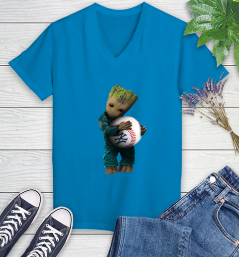 MLB Groot Guardians Of The Galaxy Baseball Sports New York Yankees Women's V-Neck T-Shirt 7