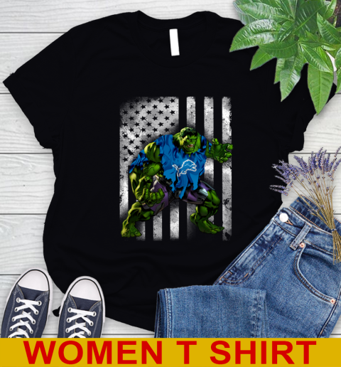 Detroit Lions Hulk Marvel Avengers NFL Football American Flag Women's T-Shirt