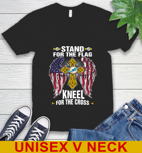 NFL Football Miami Dolphins Stand For Flag Kneel For The Cross Shirt V-Neck T-Shirt