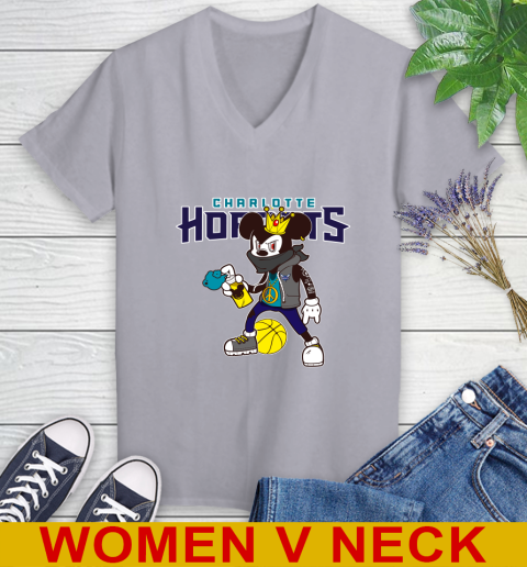 Charlotte Hornets NBA Basketball Mickey Peace Sign Sports Women's V-Neck T-Shirt 5