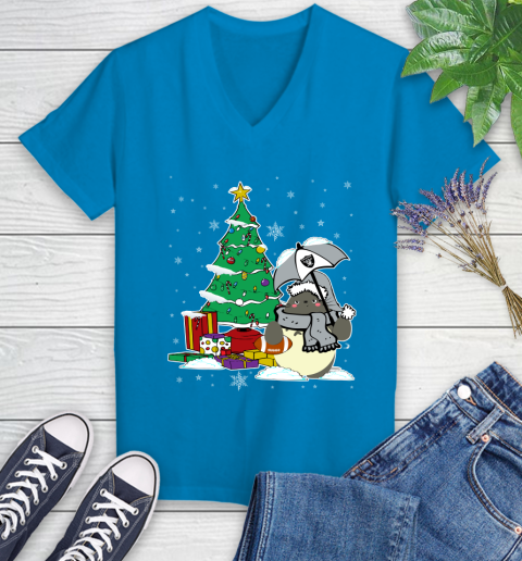 Oakland Raiders NFL Football Cute Tonari No Totoro Christmas Sports Women's V-Neck T-Shirt 7