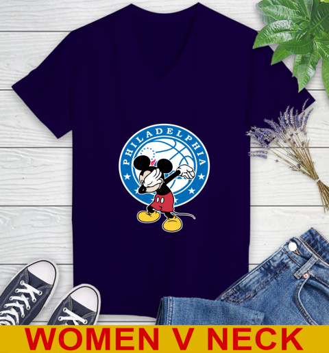 Philadelphia 76ers NBA Basketball Dabbing Mickey Disney Sports Women's V-Neck T-Shirt 4