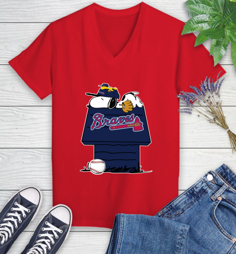 MLB Atlanta Braves Snoopy Woodstock The Peanuts Movie Baseball T Shirt Women's V-Neck T-Shirt 12