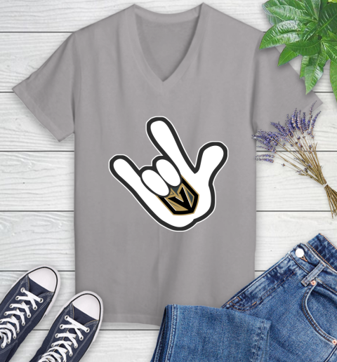 Vegas Golden Knights NHL Hockey Mickey Rock Hand Disney Women's V-Neck T-Shirt 4