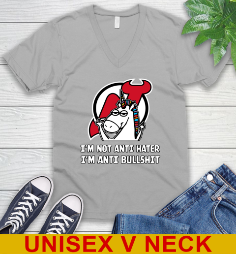 New Jersey Devils NHL Hockey Unicorn I'm Not Anti Hater I'm Anti Bullshit V-Neck T-Shirt 4