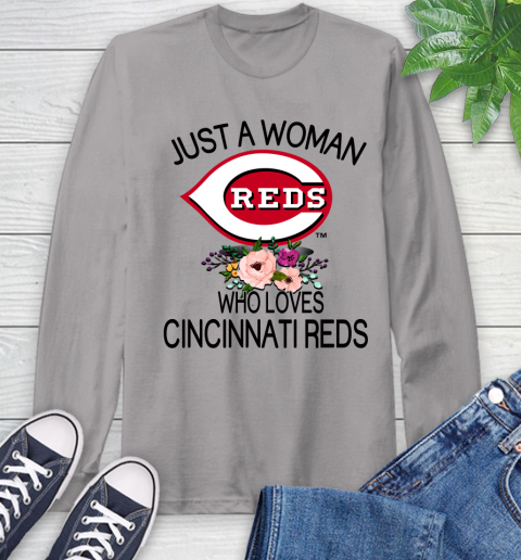 MLB Just A Woman Who Loves Cincinnati Reds Baseball Sports Long Sleeve T-Shirt 4