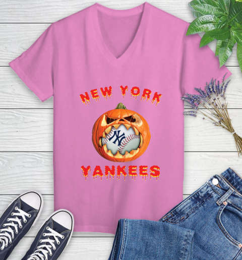 MLB New York Yankees Halloween Pumpkin Baseball Sports Women's V-Neck T-Shirt 14