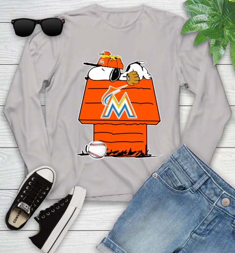 MLB Miami Marlins Snoopy Woodstock The Peanuts Movie Baseball T Shirt Youth Long Sleeve 12
