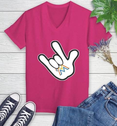 Miami Marlins MLB Baseball Mickey Rock Hand Disney Women's V-Neck T-Shirt 9
