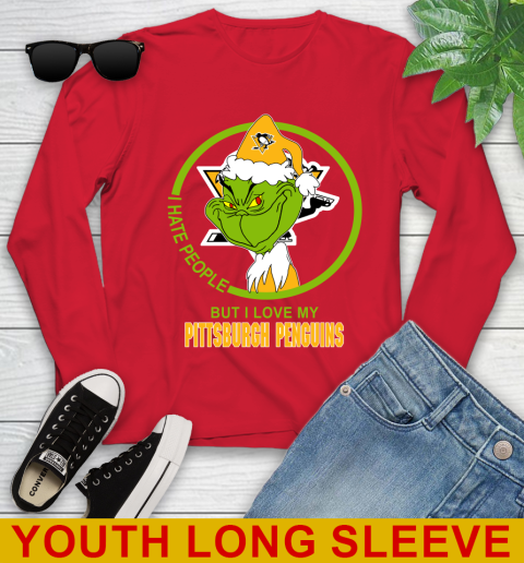 Pittsburgh Penguins NHL Christmas Grinch I Hate People But I Love My Favorite Hockey Team Youth Long Sleeve 11