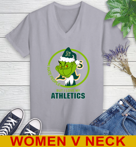 Oakland Athletics MLB Christmas Grinch I Hate People But I Love My Favorite Baseball Team Women's V-Neck T-Shirt 5