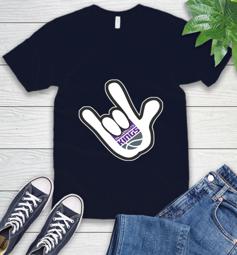 Sacramento Kings NBA Basketball Mickey Rock Hand Disney V-Neck T-Shirt 3