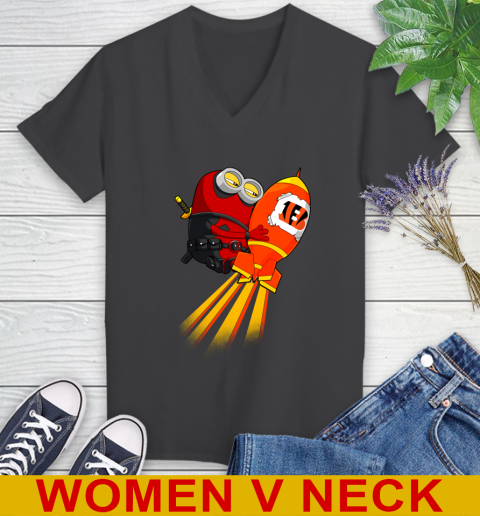 NFL Football Cincinnati Bengals Deadpool Minion Marvel Shirt Women's V-Neck T-Shirt 8