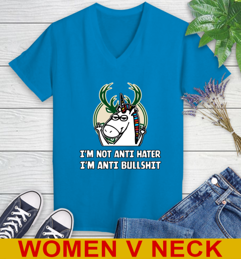 Milwaukee Bucks NBA Basketball Unicorn I'm Not Anti Hater I'm Anti Bullshit Women's V-Neck T-Shirt 8