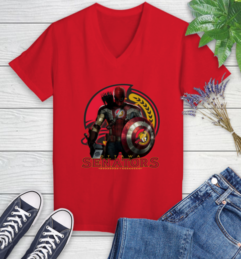 NHL Captain America Thor Spider Man Hawkeye Avengers Endgame Hockey Ottawa Senators Women's V-Neck T-Shirt 12