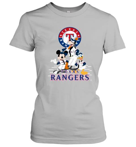 Texas Rangers Mickey Donald And Goofy Baseball Women's T-Shirt 