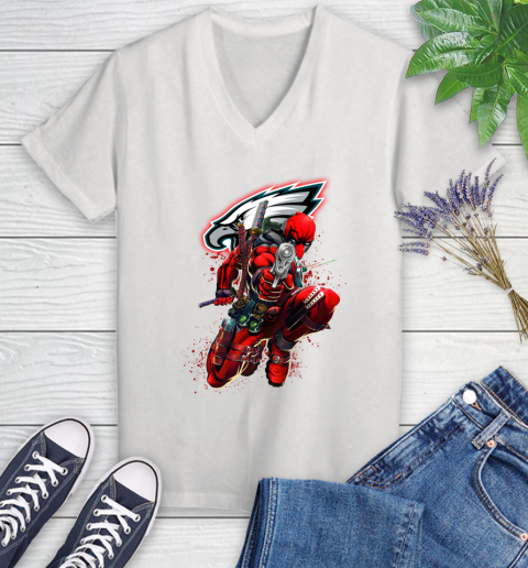 NFL Deadpool Marvel Comics Sports Football Philadelphia Eagles Women's V-Neck T-Shirt