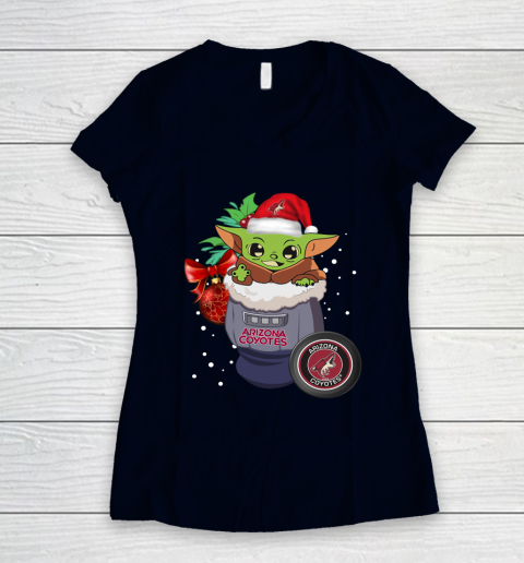 Arizona Coyotes Christmas Baby Yoda Star Wars Funny Happy NHL Women's V-Neck T-Shirt 3