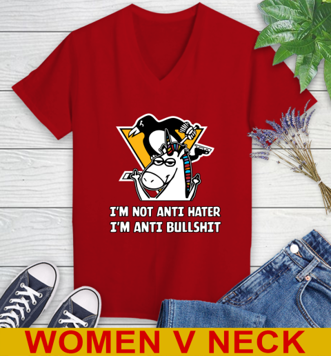 Pittsburgh Penguins NHL Hockey Unicorn I'm Not Anti Hater I'm Anti Bullshit Women's V-Neck T-Shirt 12