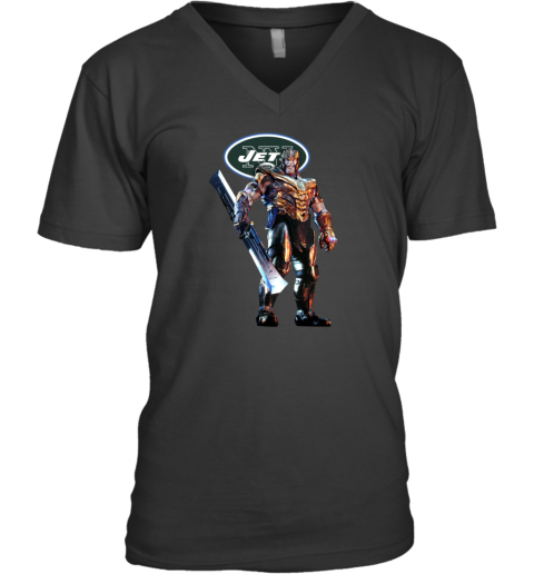 NFL Thanos Marvel Avengers Endgame Football New York Jets V-Neck T-Shirt