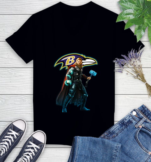NFL Thor Avengers Endgame Football Baltimore Ravens Women's V-Neck T-Shirt 2