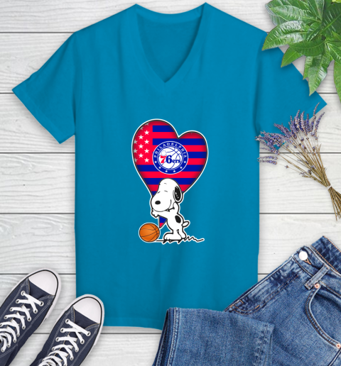 Philadelphia 76ers NBA Basketball The Peanuts Movie Adorable Snoopy Women's V-Neck T-Shirt 7