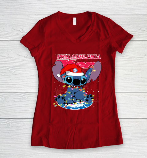 Philadelphia 76ers NBA noel stitch Basketball Christmas Women's V-Neck T-Shirt 6