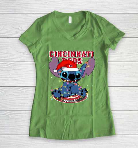 Cincinnati Reds MLB noel stitch Baseball Christmas Women's V-Neck T-Shirt 5