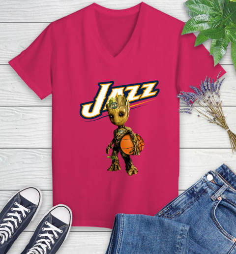 Utah Jazz NBA Basketball Groot Marvel Guardians Of The Galaxy Women's V-Neck T-Shirt 9