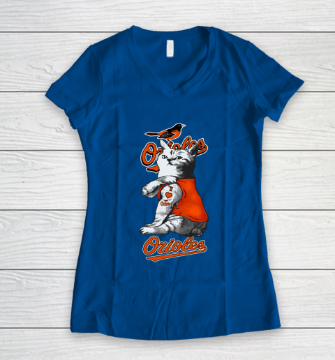 MLB Baseball My Cat Loves Baltimore Orioles Women's V-Neck T-Shirt 7
