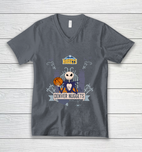 NBA Denver Nuggets Basketball Jack Skellington Halloween V-Neck T-Shirt 4