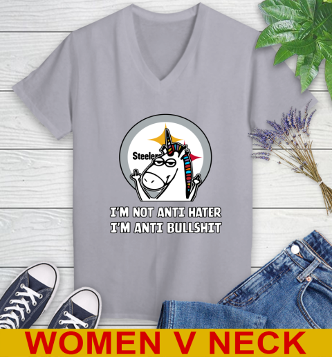 Pittsburgh Steelers NFL Football Unicorn I'm Not Anti Hater I'm Anti Bullshit Women's V-Neck T-Shirt 5