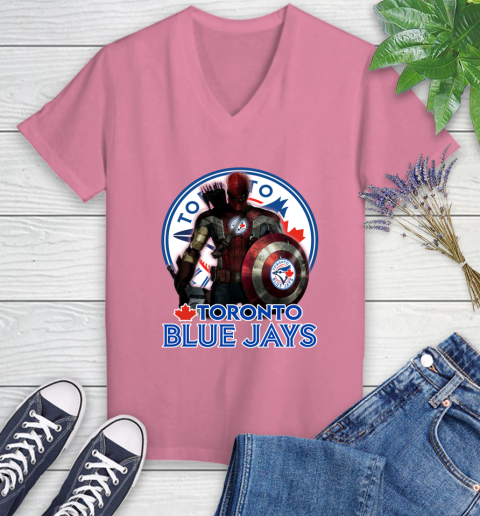 MLB Captain America Thor Spider Man Hawkeye Avengers Endgame Baseball Toronto Blue Jays Women's V-Neck T-Shirt 13