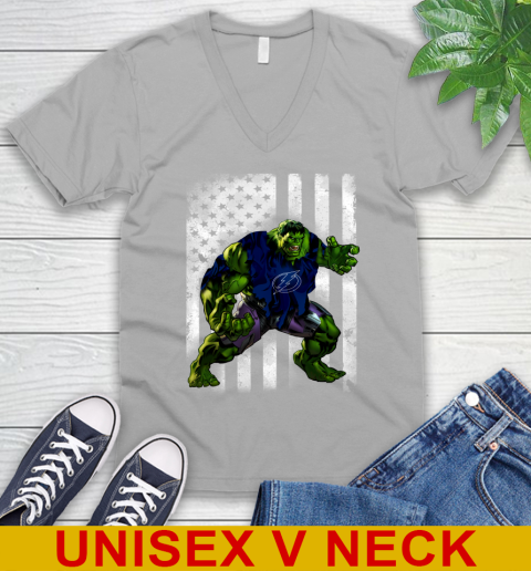 Tampa Bay Lightning Hulk Marvel Avengers NHL Hockey American Flag V-Neck T-Shirt 3