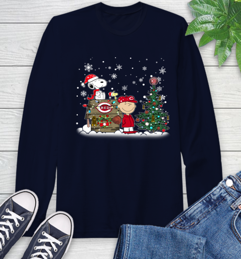 MLB Cincinnati Reds Snoopy Charlie Brown Christmas Baseball Commissioner's Trophy Long Sleeve T-Shirt 3
