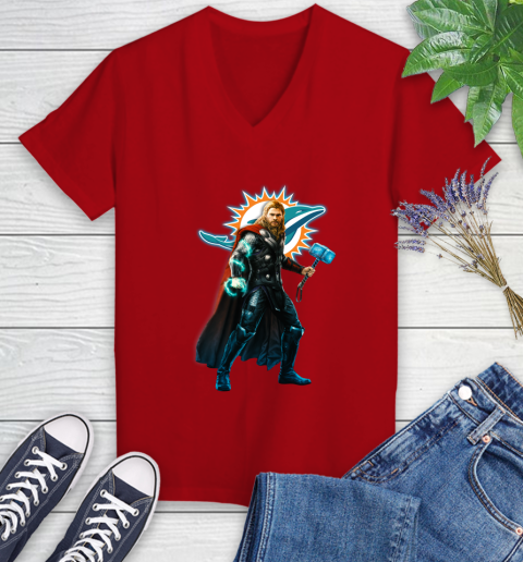 NFL Thor Avengers Endgame Football Miami Dolphins Women's V-Neck T-Shirt 12