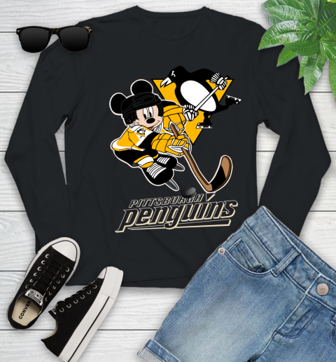 NHL Pittsburgh Penguins Mickey Mouse Disney Hockey T Shirt Youth Long Sleeve 2