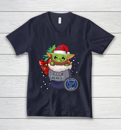 St.Louis Blues Christmas Baby Yoda Star Wars Funny Happy NHL V-Neck T-Shirt 3