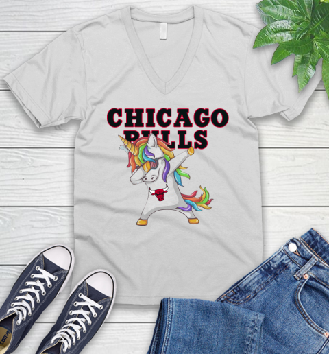 Chicago Bulls NBA Basketball Funny Unicorn Dabbing Sports V-Neck T-Shirt