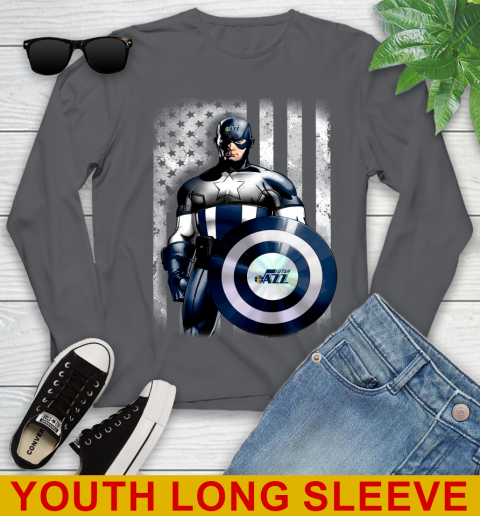 Utah Jazz NBA Basketball Captain America Marvel Avengers American Flag Shirt Youth Long Sleeve 9