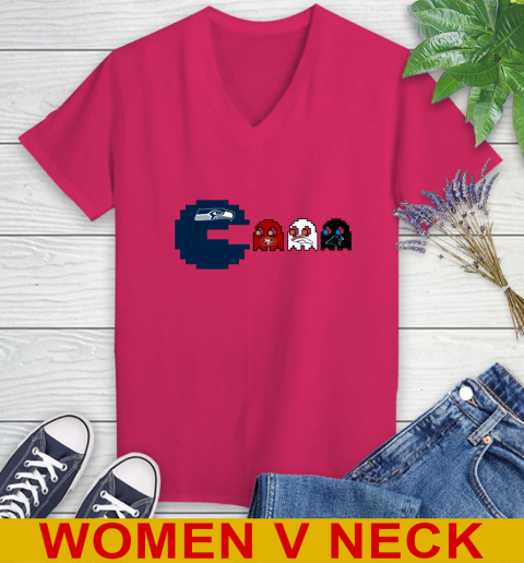 Seattle Seahawks NFL Football Pac Man Champion Women's V-Neck T-Shirt 10